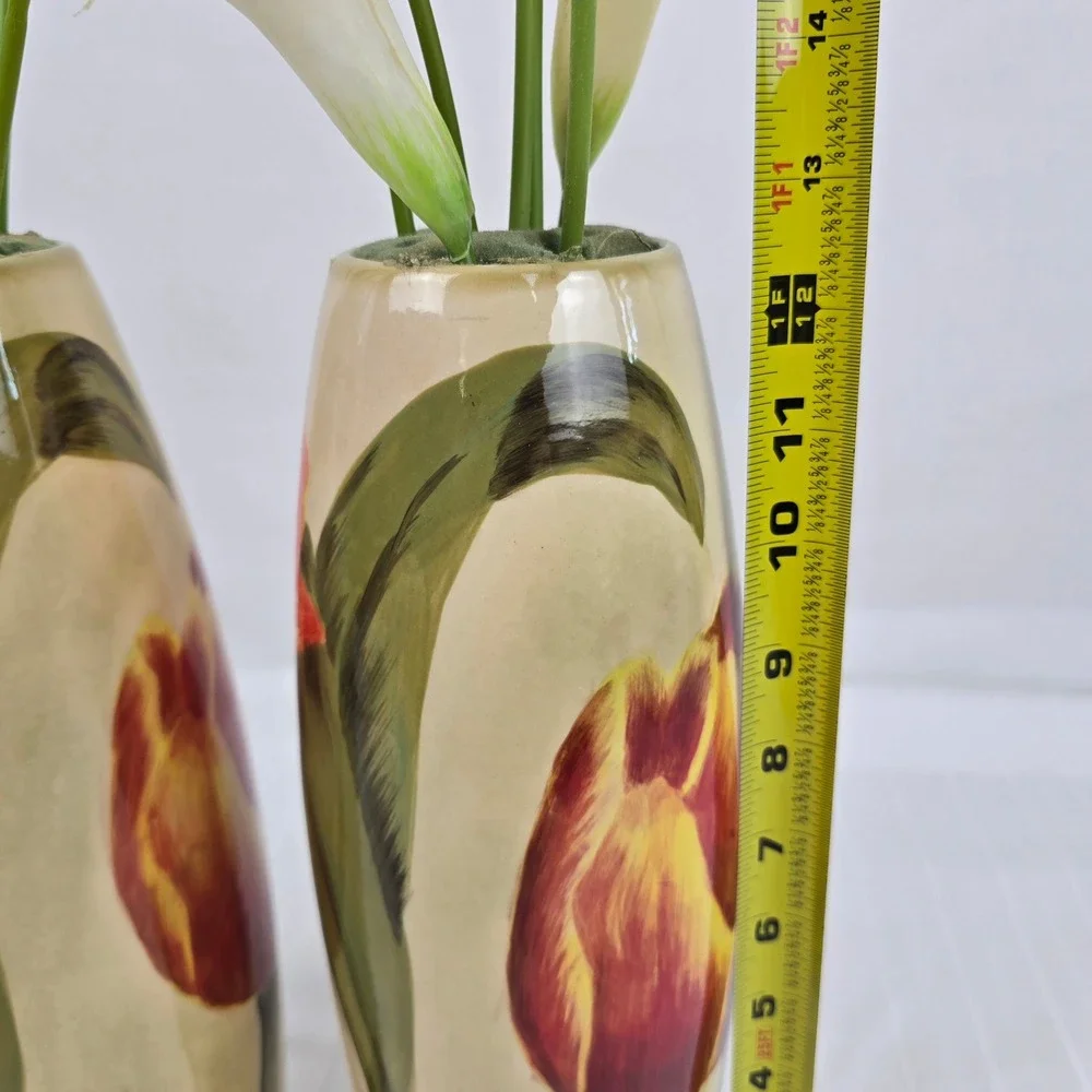 Carolina Pottery 80159 Ceramic Tulip Vases Pair Red Yellow Floral 12.5 Inch Tall